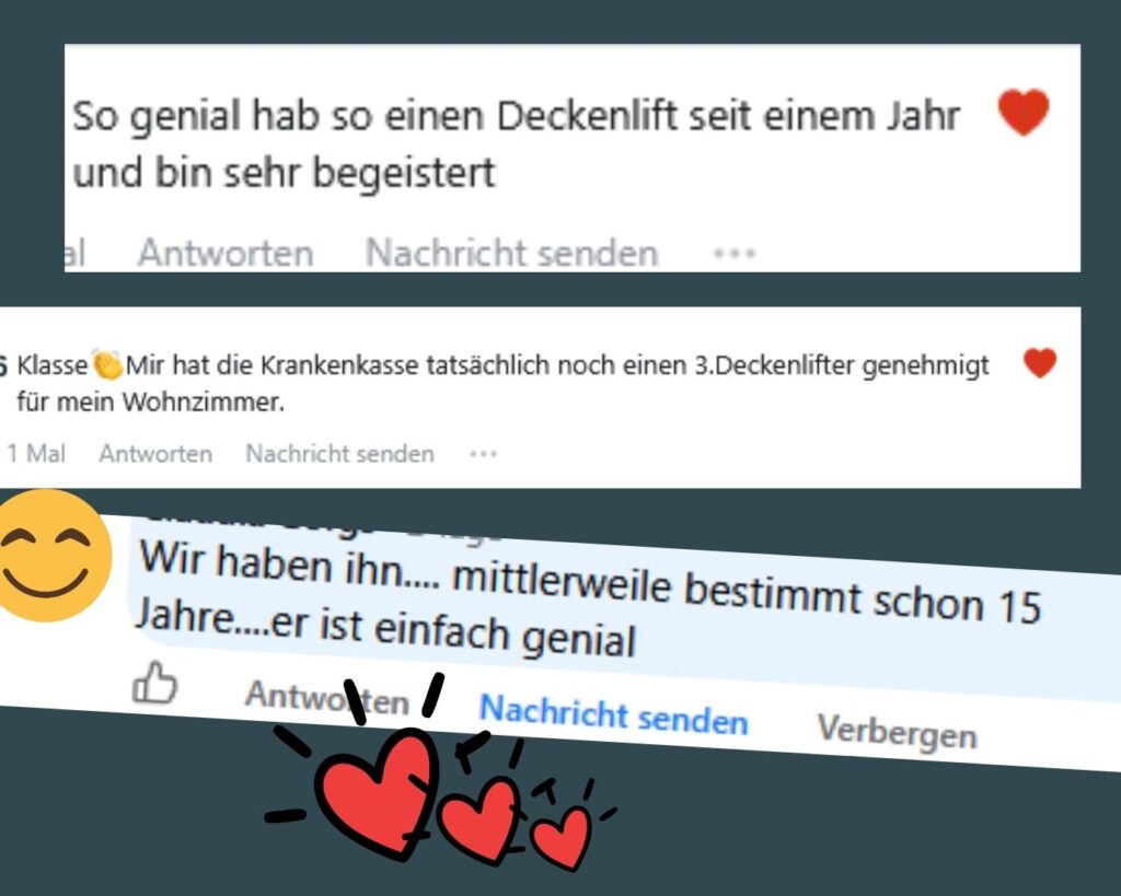 Kundenkommentare zum Deckenlifter: Die Krankenkasse genehmigte einen dritten Deckenlifter fürs Wohnzimmer, ein anderer Nutzer verwendet seinen seit rund 15 Jahren